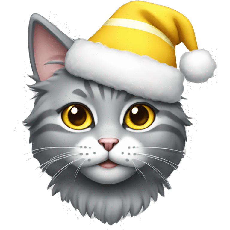 cute fluffy grey cat with white stripe  yellow eyes Christmas hat emoji