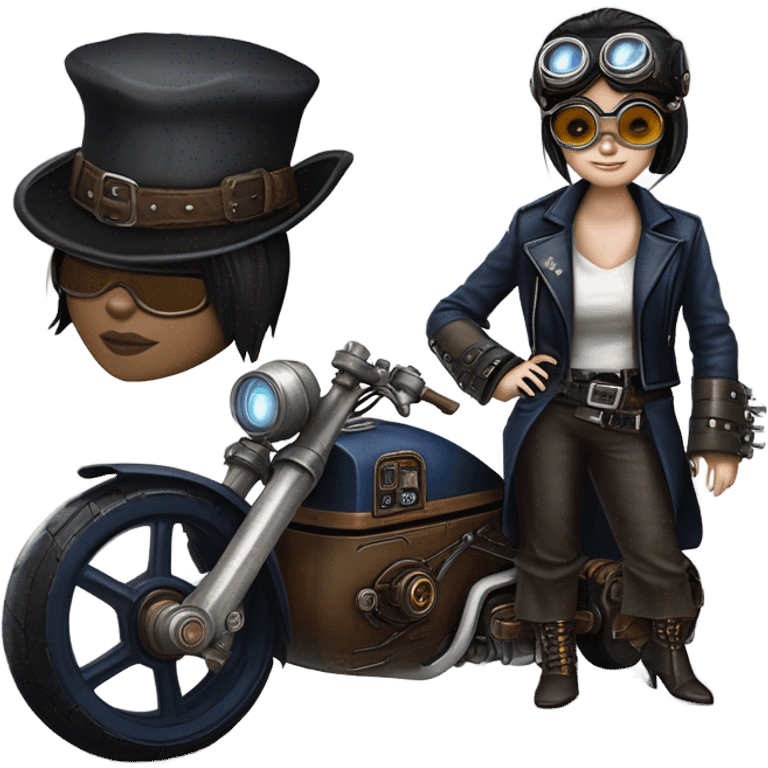 Bounty hunter Wednesday Addams Jedi wearing a pair of navy-blue rimmed steampunk goggles, hat, leather chaps, fringe jacket riding a relaxed distressed 1932 sci-fi 3 wheeled steampunk electric motorcycle with large fenders and saddlebags in desert town  emoji