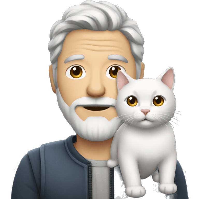 Man withe gray hair with small beard with a white cat in his hand emoji