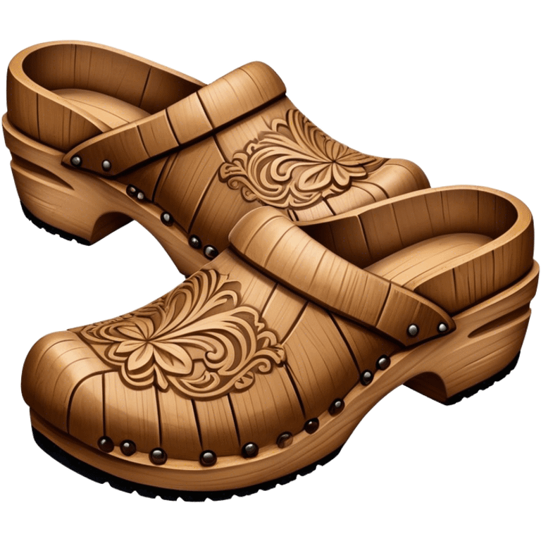 Cinematic Realistic Wooden Clogs Emoji, depicted as a pair of traditionally carved weathered wooden clogs with intricate details and rustic charm, rendered with rich textures and warm natural lighting that captures their cultural heritage. emoji