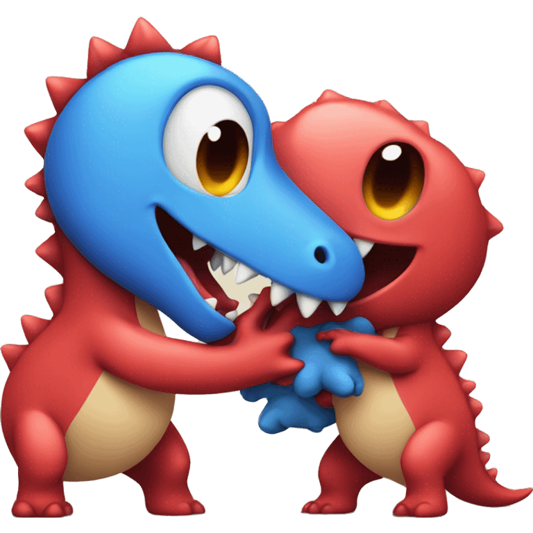 Cute red dino hugging with blue dino emoji