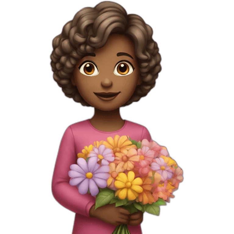 beautiful little girl with a bouquet of flowers in her hands on a big balloon emoji