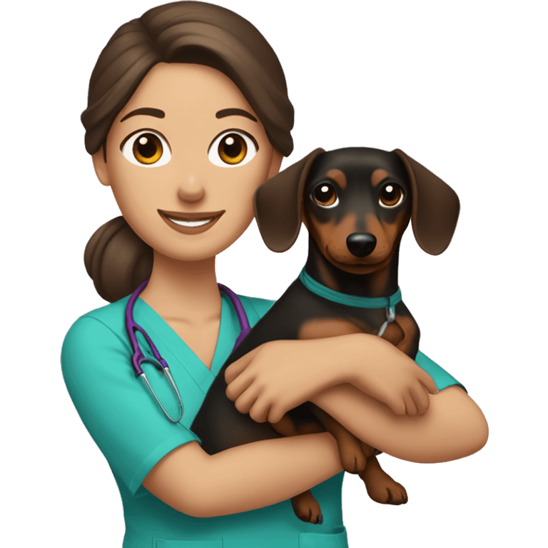 Brunette woman with a top knot wearing scrubs holding a dachshund emoji