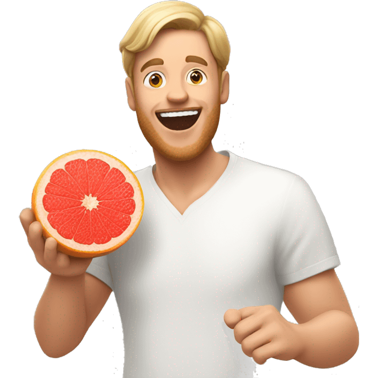 Excited white man holding a grapefruit emoji