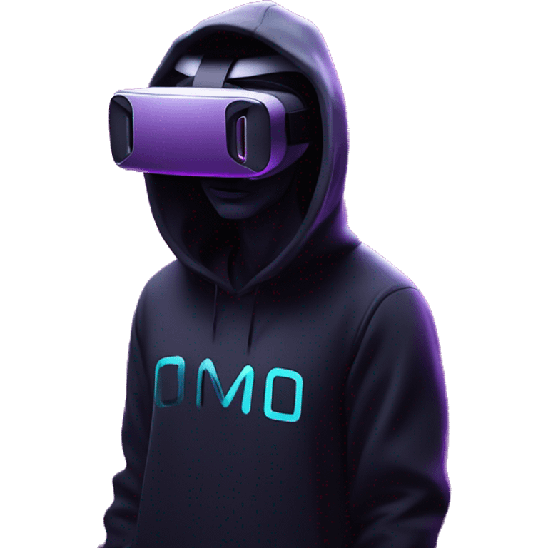 Ilon Mask wearing a black hoodie with "OMG" letters on it and VR headset oculus quest 2 in a cyberpunk VR environment with violet neon lighting. emoji