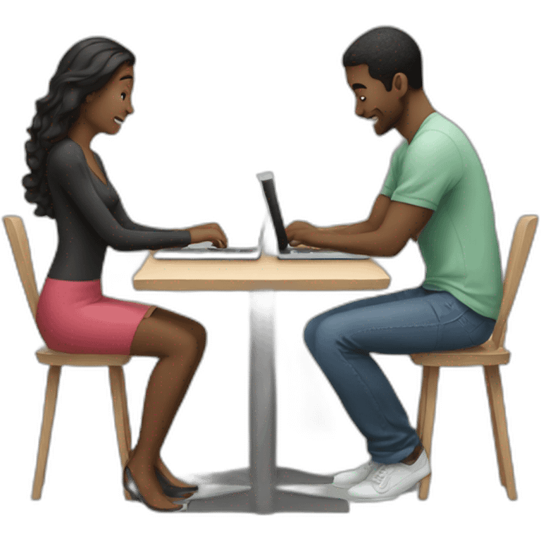 two people sitting across a table using macbooks emoji