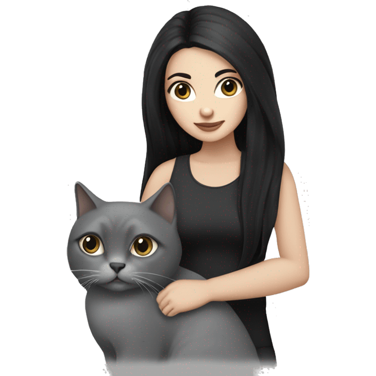 White girl with long black hair and black eyes holding a grey cat emoji