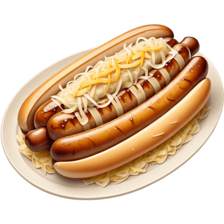 Bratwurst Cinematic Realistic Bratwurst Dish Emoji, depicted as a grilled bratwurst topped with a generous serving of shredded sauerkraut, rendered with rich textures and dynamic, appetizing lighting. emoji