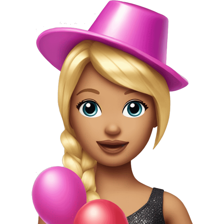 Barbie doll holding a balloon and wearing a party hat  emoji