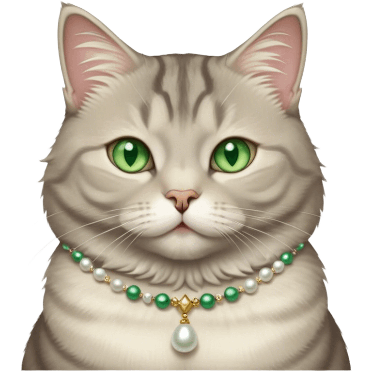 fluffy, slightly chubby, light grey tabby cat with green eyes, white tummy, and a pearl necklace  emoji