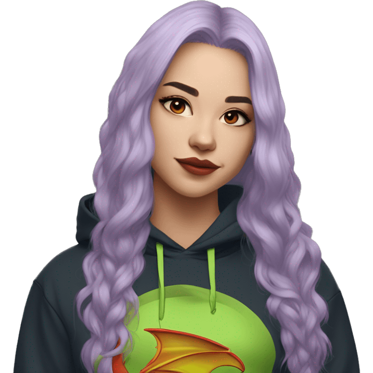 Lady with brunette and iridescent blue hair, gold, lime green dragon wings, maroon hoodie, 420, black and gold Nike t shirt, and bright red eyes emoji