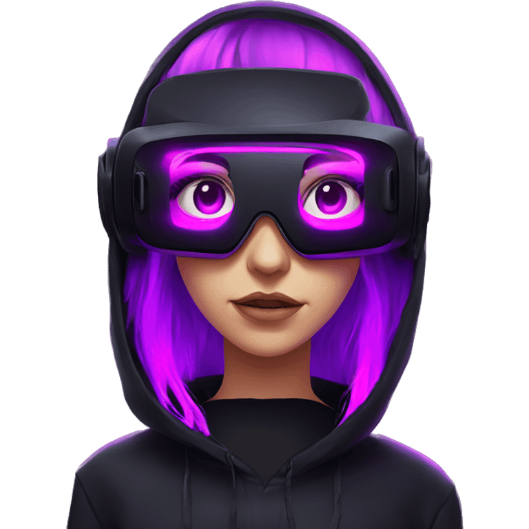 Russian girl wearing black hoody with violet letters "OMG", in vr headset. Cyberpunk style. Violet neon. emoji