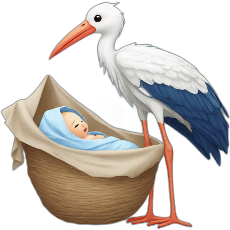 White stork carrying a blue bundle of cloth in its beak that has a human person cute baby with and the human baby head is peeking from the fabric bundle the strok is carrying with its beak emoji