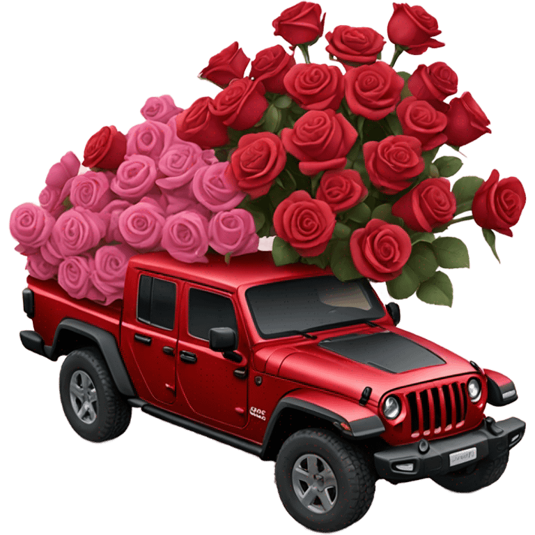 Realistic Red Jeep Gladiator with the truck bed full of different shades of red and pink roses. emoji