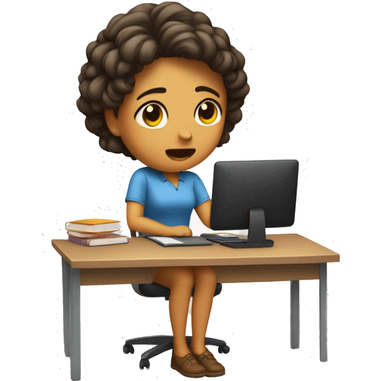 girl frusturated at her desk with hands on her head. full body with the desk included emoji