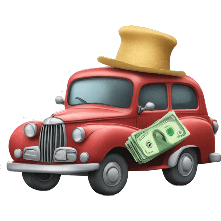 Car wearing a too hat and holding a bag of money emoji