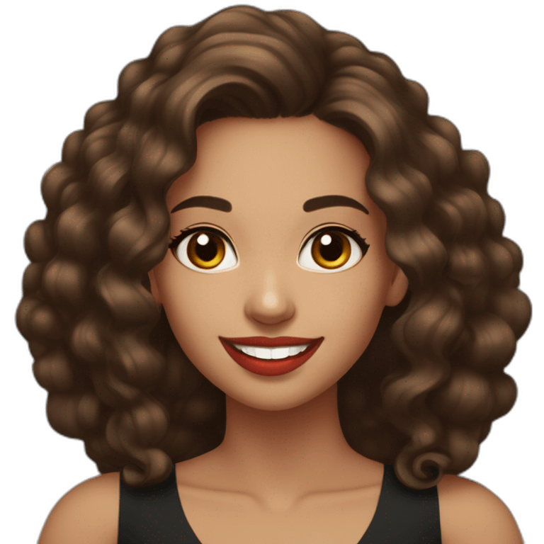 young moroccan woman with dark brown eyes, brown long curling hair with lighter tips, red lips, big smile, black dress emoji