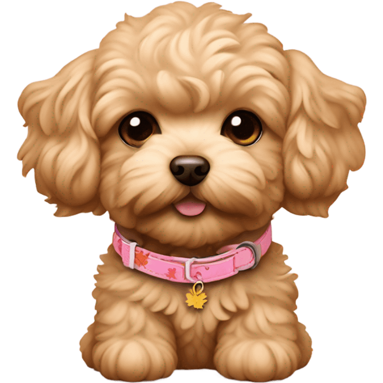 Coffee colored maltipoo puppy with maple on pink dog collar emoji