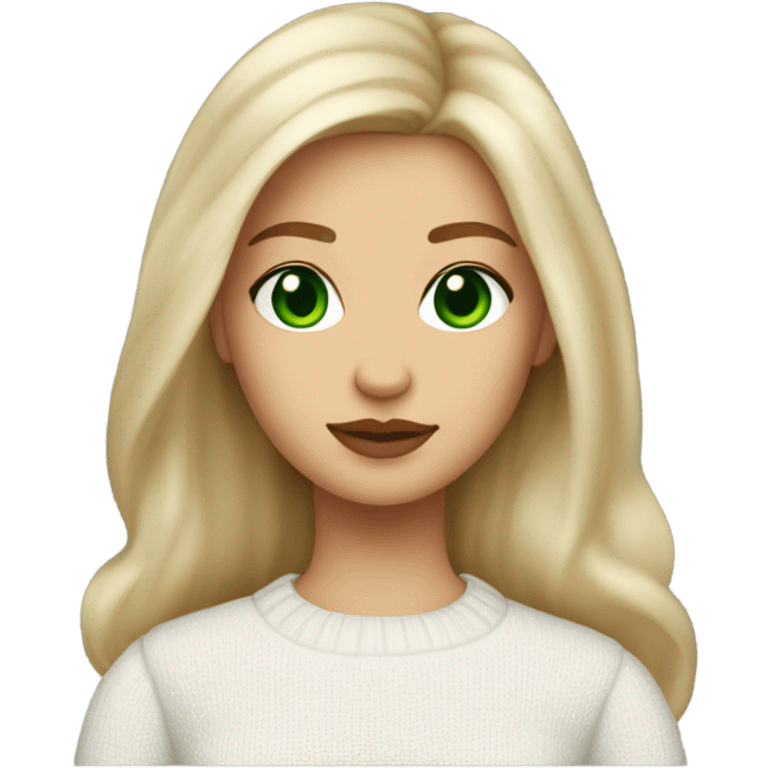 light medium skin, high cheekbone, solo blonde girl with green eyes, medium bust, white sweater, long blow out hair, baddie, middle part, cute,  emoji