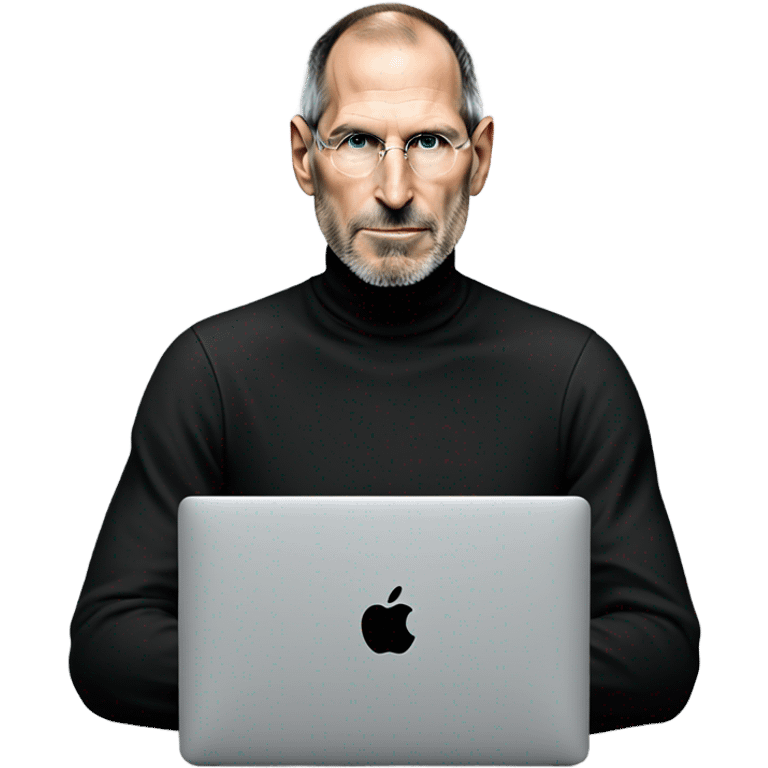 Steve Jobs wearing a black turtleneck using a MacBook. facing forward emoji