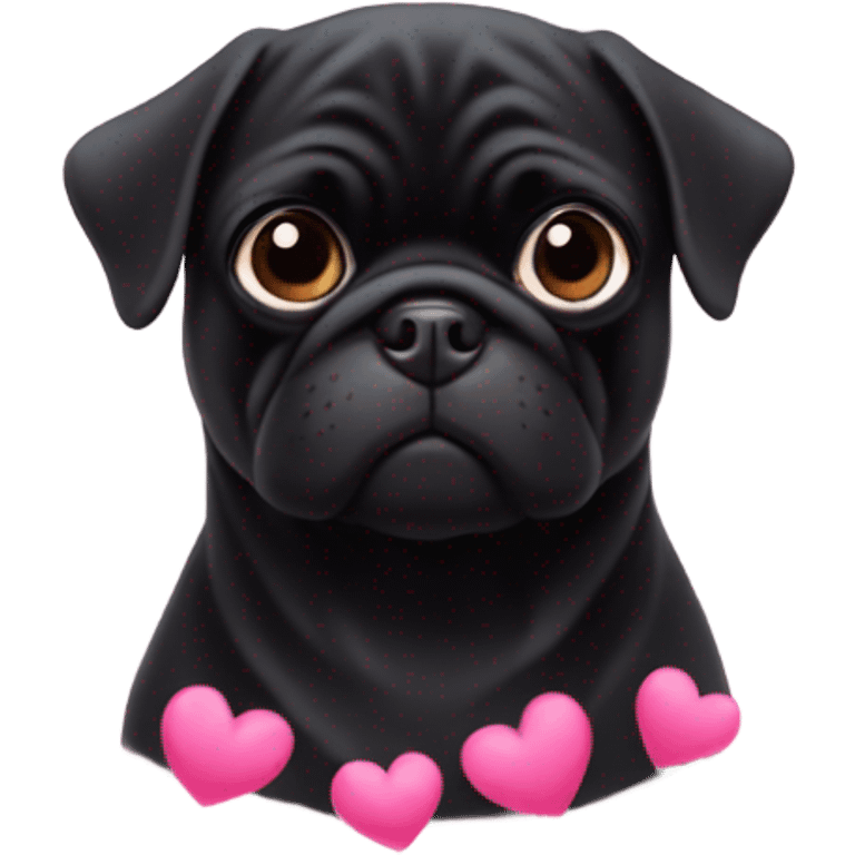 Black pug surrounded by pink hearts emoji