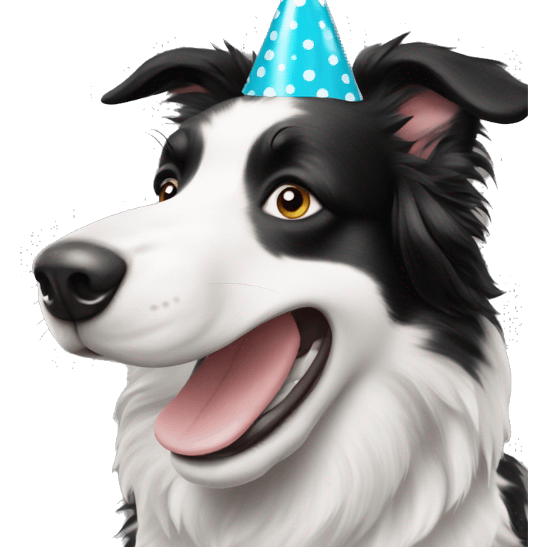 A black and white polka-dotted Border Collie wearing a party hat.   emoji