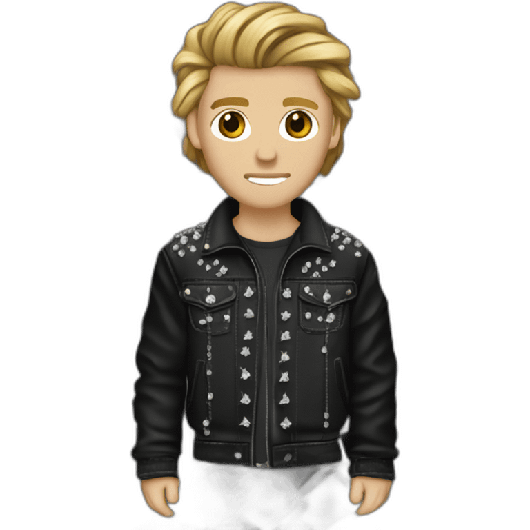 guy with brown-blonde hair wearing rhinestone jacket with barbed wire design, black fabric, rhinestone barbed wire design,  emoji