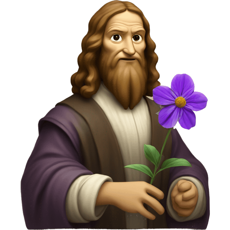 leonardo da Vinci holds a purple flower in his hands emoji