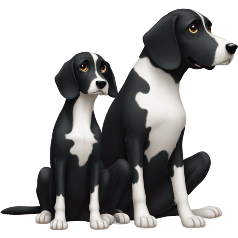 Black dog with white spotty legs  sitting next to another bigger black dog with white legs emoji