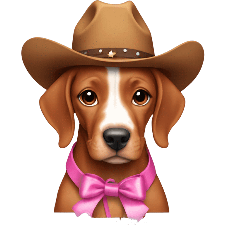 A female vizla puppy with a pink ribbon around her neck and cowboy boots on emoji