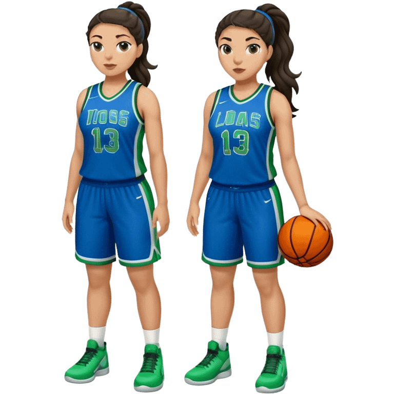 full body plus size light skin latino women basketball player with wavy dark hair in pony tail wide nose wearing blue uniform with green accent emoji