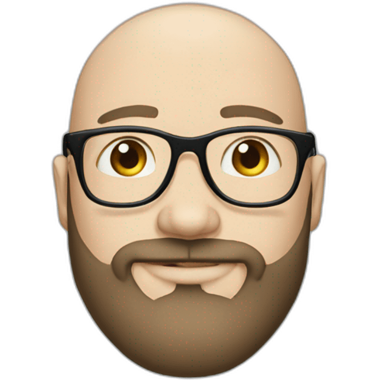 30 years old white bald man with a beard and squared black glasses, blue eyes emoji