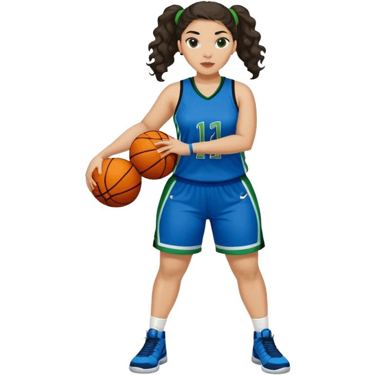 full body plus size light skin latino women basketball player with wavy dark hair in pony tail wide nose wearing blue uniform with green accent emoji