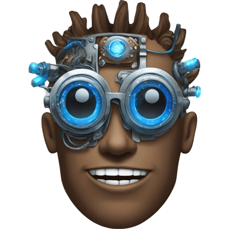 Brown cyborg head with blue Mohawk, blue beard, silver steampunk monocle goggles a smile and circuits emoji