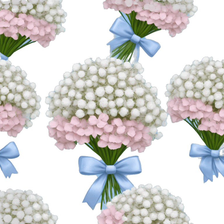 babys breath, baby blue carnation flowers bouquet tied together with a pink bow emoji