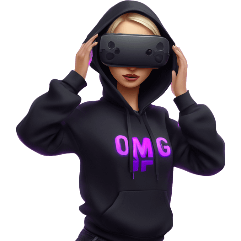 Russian girl wearing black hoody with violet letters "OMG", in vr headset. Cyberpunk style. Violet neon. emoji