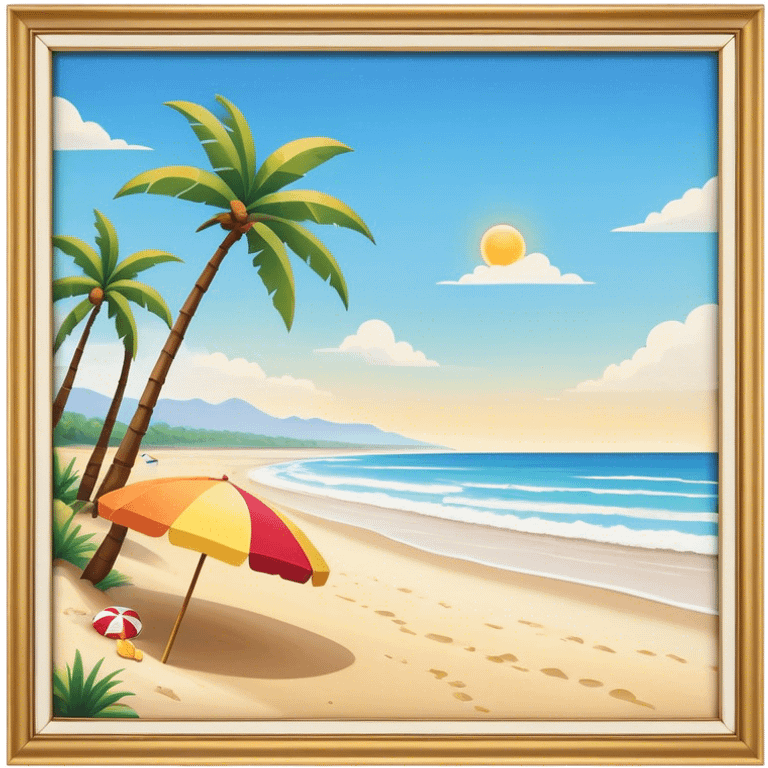 Cinematic Realistic Beach Emoji in a wooden frame, Sunny and bright, with soft golden sand stretching as far as the eye can see, gently lapping waves crashing onto the shore, and a clear, blue sky above. Palm trees sway in the warm breeze, and colorful beach umbrellas dot the landscape. Soft glowing outline, capturing the essence of a relaxed, joyful beach day filled with sun, sand, and surf! emoji