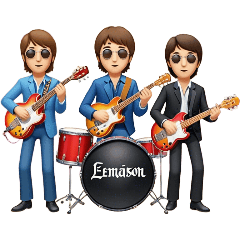 Rock music icon: The Beatles performing live on stage. John Lennon with guitar, Paul McCartney with bass, George Harrison with guitar, Ringo Starr on drums. Bright lights, energetic performance. Transparent background. emoji