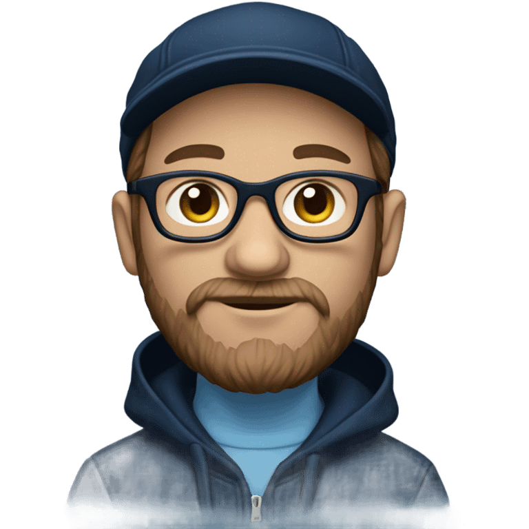 a white dude with beard and sideburns and glasses wearing a black newsboy hat a navy blue hoodie with baby blue tribal on the front and arms emoji