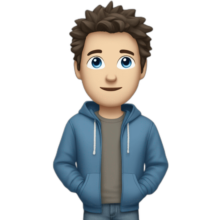 white male adult, Dark Brown Spikey Hair, Blue Eyes, Grey Hoodie, Blue Jeans, Converse shoes emoji