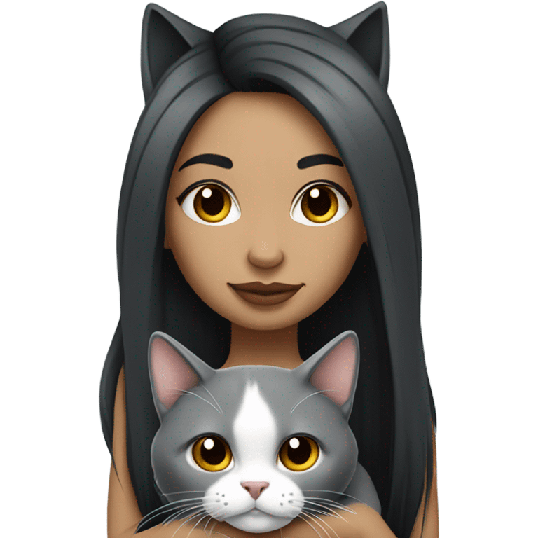 Beautiful dark haired tattooed woman holding gray and white long hair cat emoji