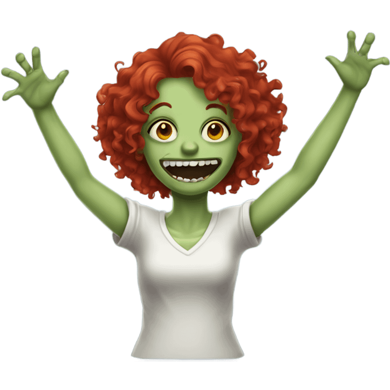 Happy zombie girl red curly hair with both hands in the air emoji