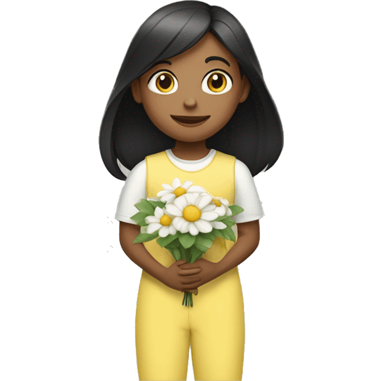 a white child with black long straight hair wearing a pastel yellow jumpsuit with white shirt in it and carrying a flower arrangement in her hands emoji