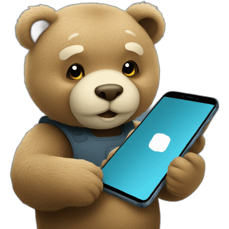 Teddy bear looking at smart phone screen that has an otter on it  emoji