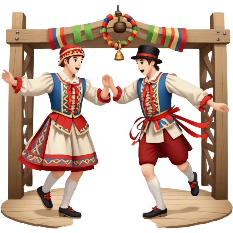 Cinematic Realistic scene of two performers executing a Morris Dance in full traditional costume—with bells, ribbons, and clogs—captured in dynamic motion against a rustic English backdrop and warm, golden lighting emoji