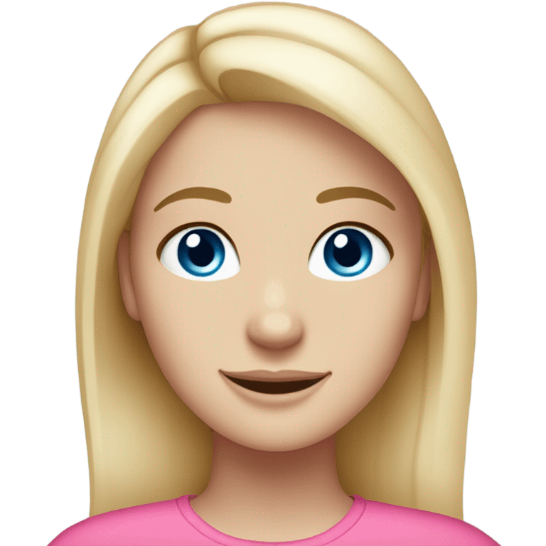 White girl with strait blonde hair and blue eyes smiling with pink places and freckles  emoji