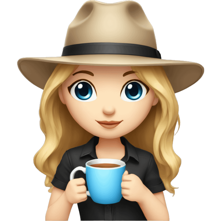 A girl with brown hair and blond bangs with blue eyes in a black panama hat holds a mug.chibi style emoji