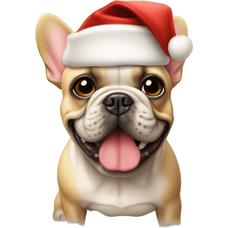 Tan French bulldog wearing a Santa hat emoji