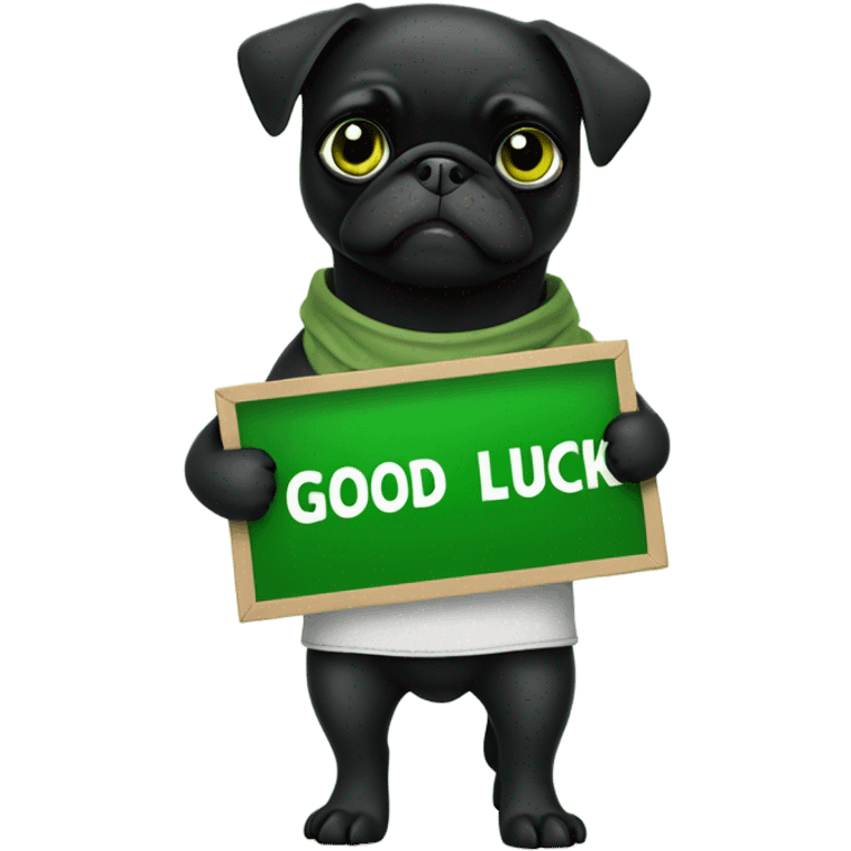 Black pug holding a green sign that says good luck  emoji