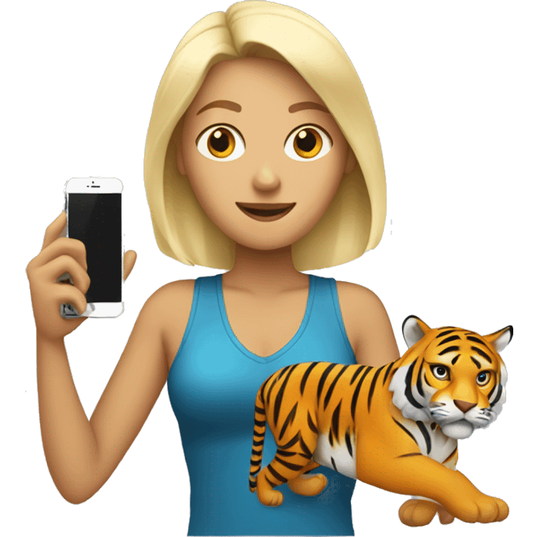 blonde woman with cell phone in her hand and a tiger on her side emoji